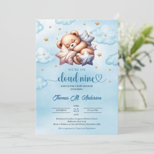 眠るテディベア雲9男の子ベビーシャワー 招待状 (スタンド正面)