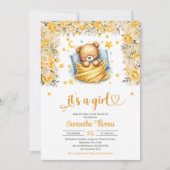 眠るテディベア黄色の花女の子の赤ちゃんシャワー 招待状 (正面)