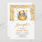 眠るテディベア黄色の花女の子の赤ちゃんシャワー 招待状 (正面/裏面)
