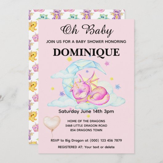 眠るドラゴンをピンクに – ベビーシャワー招待状 招待状 (正面/裏面)