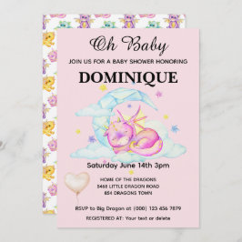 眠るドラゴンをピンクに – ベビーシャワー招待状 招待状