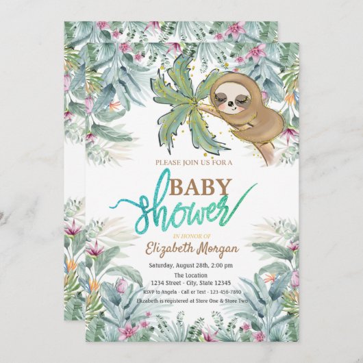 眠るナマケモノ熱帯花リーフベイビーシャワー 招待状 (正面/裏面)