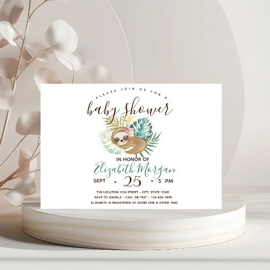 眠るナマケモノ，ヤシ，水玉模様ベビーシャワー 招待状