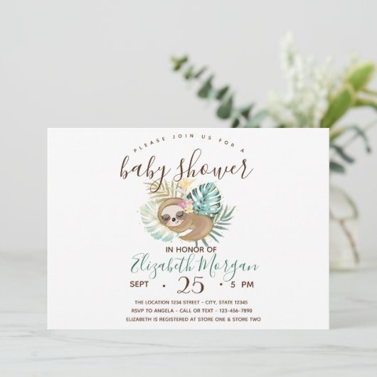 眠るナマケモノ，ヤシ，水玉模様ベビーシャワー 招待状 (スタンド正面)