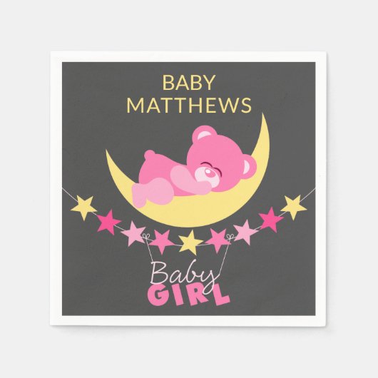 眠るピンクの女の子テディベア月の赤ちゃんシャワー スタンダードカクテルナプキン (正面)