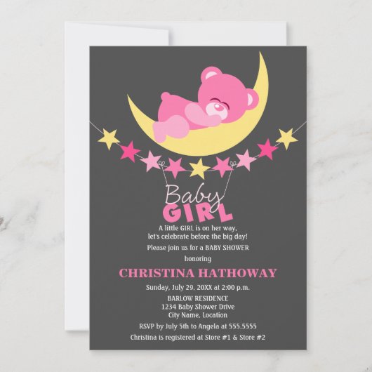 眠るピンクの女の子テディベア月の赤ちゃんシャワー 招待状 (正面)
