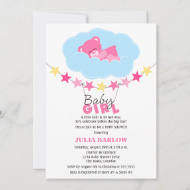 眠るピンクの女の子テディベア雲の赤ちゃんシャワー 招待状