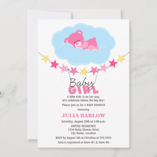 眠るピンクの女の子テディベア雲の赤ちゃんシャワー 招待状 (正面)