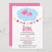 眠るピンクの女の子テディベア雲の赤ちゃんシャワー 招待状 (正面/裏面)