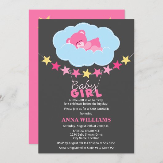 眠るピンクの女の子テディベア雲の赤ちゃんシャワー 招待状 (正面/裏面)
