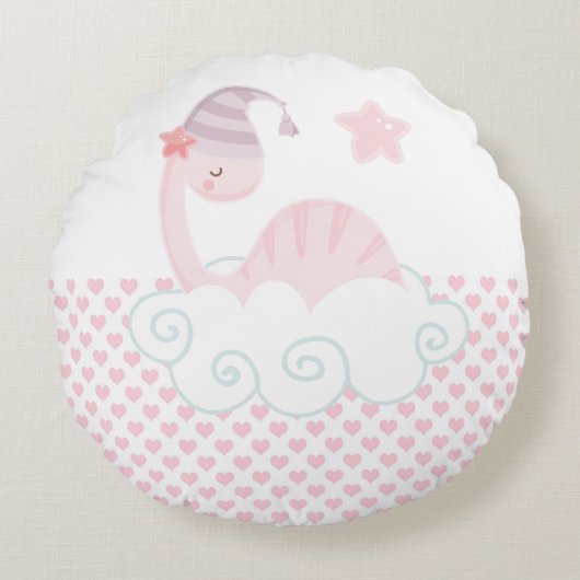 眠るピンクの恐竜の丸い枕 ラウンドクッション (正面)