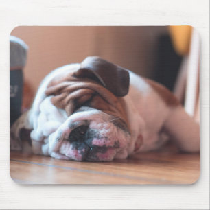 眠るブルドッグと白い子犬 マウスパッド