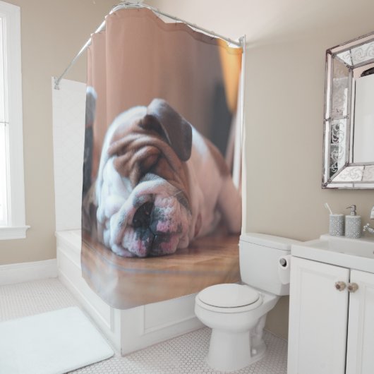 眠るブルドッグボートと白い子犬 シャワーカーテン (インサイチュ)