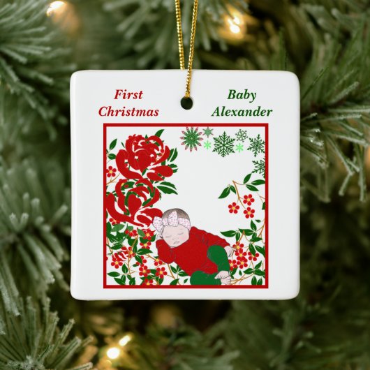 眠るベビーの初めてのクリスマスアートパーソナライズされた セラミックオーナメント (ツリー)