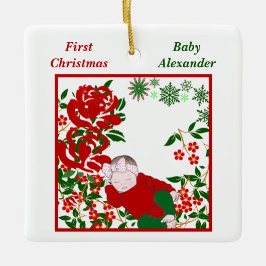 眠るベビーの初めてのクリスマスアートパーソナライズされた セラミックオーナメント (正面)
