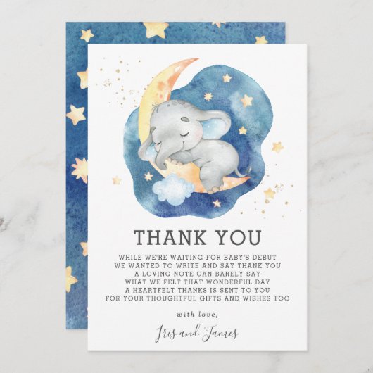 眠るベビーゾウきらびやかなスターシャワーボーイ サンキューカード (正面/裏面)
