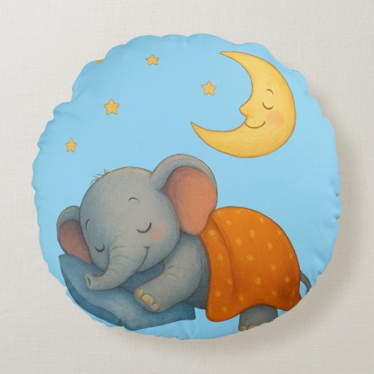 眠るベビーゾウ月の下 – かわいい夢 ラウンドクッション (正面)
