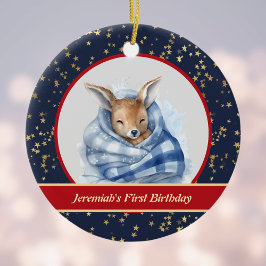 眠るベビートナカイ毛布1stクリスマス セラミックオーナメント