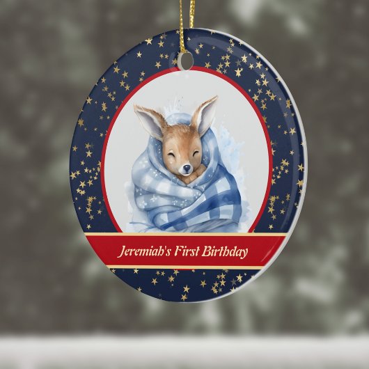 眠るベビートナカイ毛布1stクリスマス セラミックオーナメント