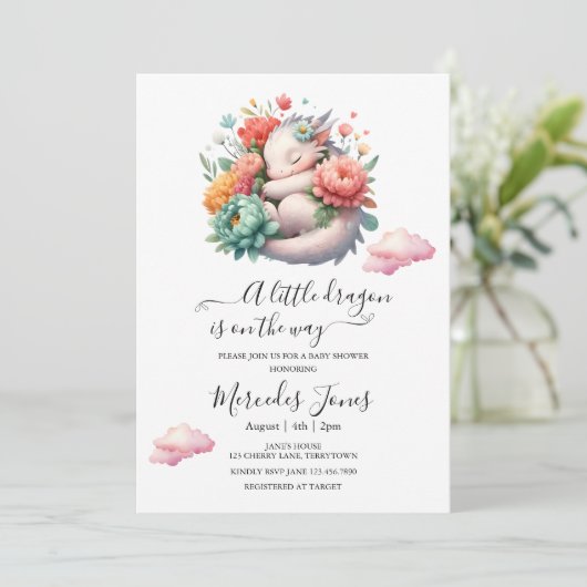 眠るベビードラゴンとレインボーフラワーアート 招待状 (スタンド正面)