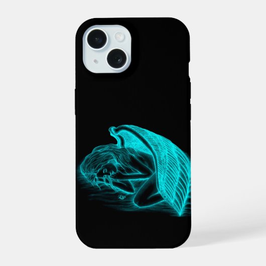 眠る天使の黒と緑のデザイン iPhone 15ケース (裏面)