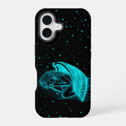 眠る天使の黒と緑のデザイン iPhone 16ケース (裏面)