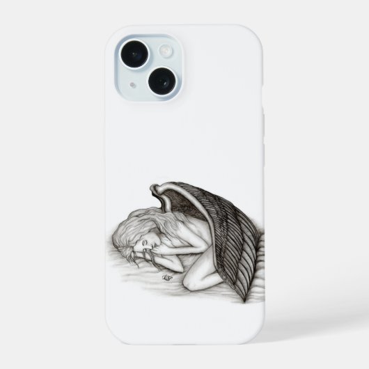 眠る天使、白黒デザイン iPhone 15ケース (裏面)