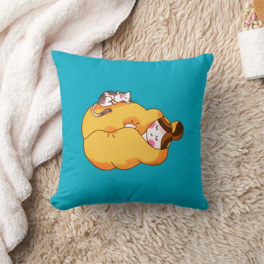 眠る女の子と心地よい猫 クッション (ブランケット)