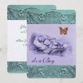 眠る子供と蝶の青い少年ベビーシャワー 招待状 (正面/裏面)