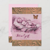 眠る子供、蝶、フローラピンクの赤ちゃんシャワー インビテーションポストカード (正面/裏面)