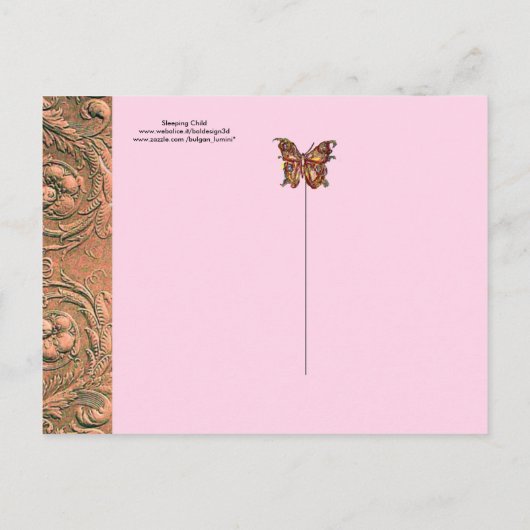 眠る子供、蝶、フローラピンクの赤ちゃんシャワー インビテーションポストカード (裏面)
