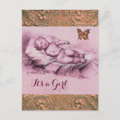 眠る子供、蝶、フローラピンクの赤ちゃんシャワー インビテーションポストカード (正面)