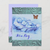 眠る子供、蝶、フローラブルー赤ちゃんシャワー インビテーションポストカード (正面/裏面)