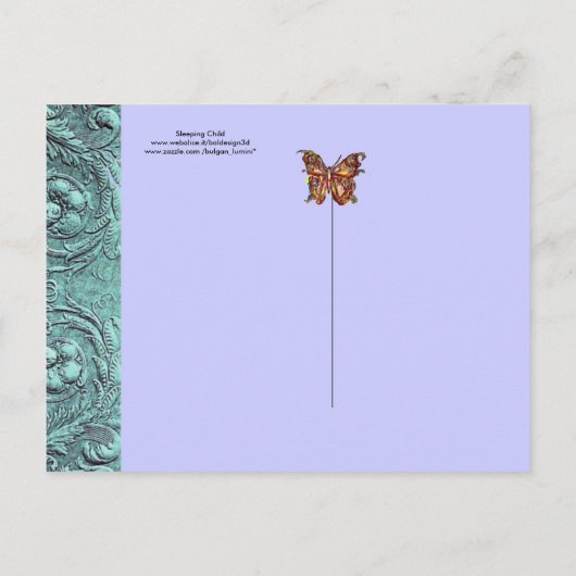 眠る子供、蝶、フローラブルー赤ちゃんシャワー インビテーションポストカード (裏面)