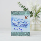 眠る子供、蝶、フローラブルー赤ちゃんシャワー インビテーションポストカード (スタンド正面)