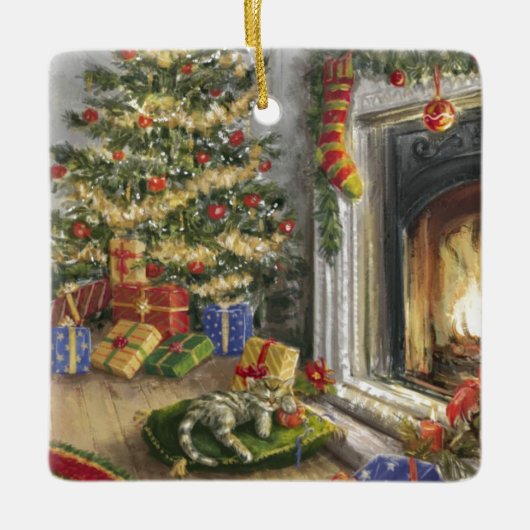 眠る子猫バイザクリスマスツリー セラミックオーナメント (正面)