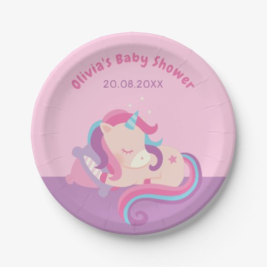 眠る小さな一角獣、ベビーシャワー用品 ペーパープレート (正面)