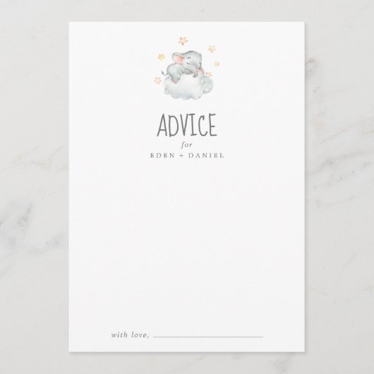 眠る小さな象の女の子の赤ちゃんシャワー アドバイスカード (正面)