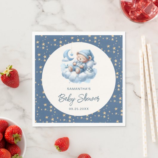 眠る熊の雲と星の青い少年の赤ちゃんシャワー スタンダードランチョンナプキン (インサイチュ)