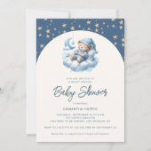 眠る熊の雲と星の青い少年の赤ちゃんシャワー 招待状 (正面)