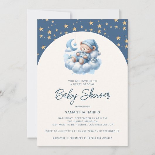 眠る熊の雲と星の青い少年の赤ちゃんシャワー 招待状 (正面)