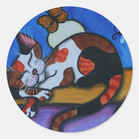 眠る猫の蝶とトンボ ラウンドシール (正面)