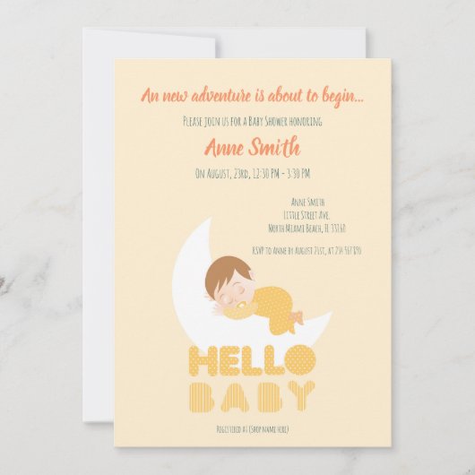 眠る男の赤ちゃんの月のベビーシャワー 招待状 (正面)