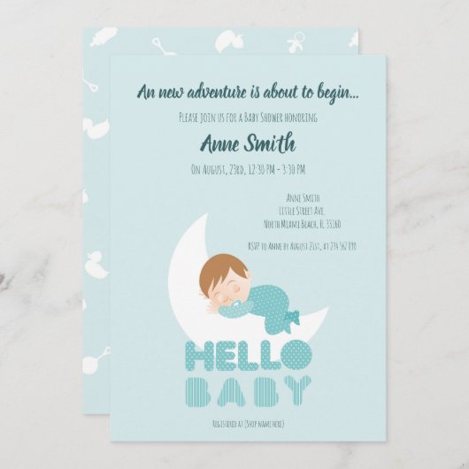 眠る男の赤ちゃんの月の赤ちゃんシャワーのインビタット 招待状 (正面/裏面)