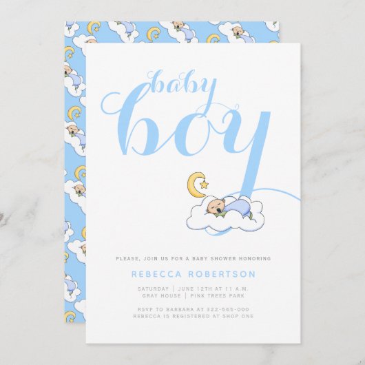 眠る男の赤ちゃんシャワエレガントーブルータイポグラフィ 招待状 (正面/裏面)