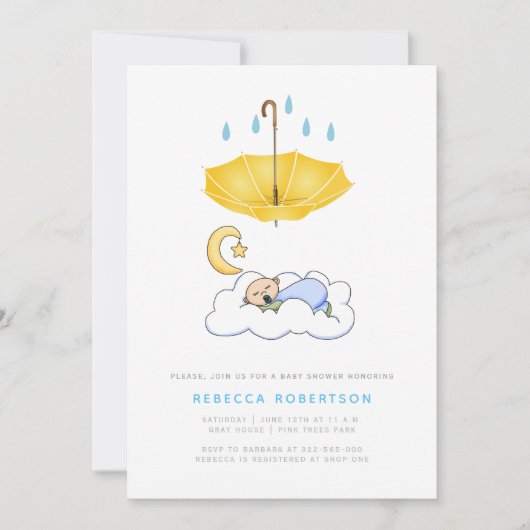 眠る男の赤ちゃんシャワーイエローアンブレラ 招待状 (正面)