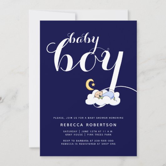 眠る男の赤ちゃんシャワーネイビーブルータイポグラフィ 招待状 (正面)