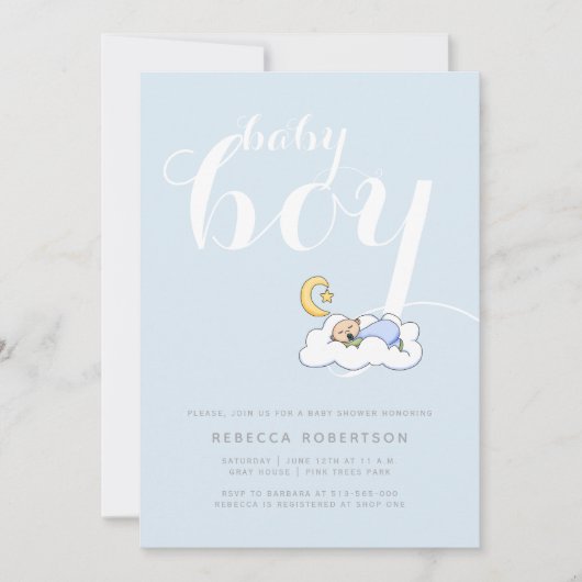 眠る男の赤ちゃんシャワ淡い色のーブルータイポグラフィ 招待状 (正面)