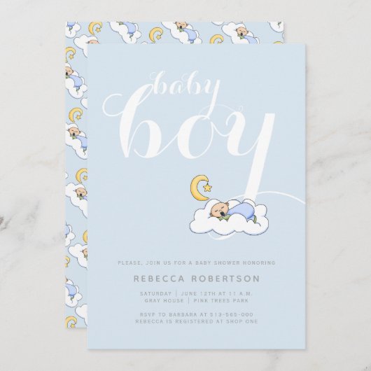 眠る男の赤ちゃんシャワ淡い色のーブルータイポグラフィ 招待状 (正面/裏面)