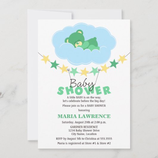 眠る男女兼用テディベア赤ちゃんシャワー 招待状 (正面)